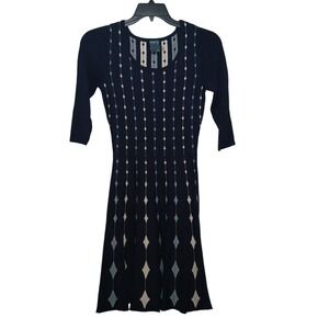 Gabby Skye Womens Navy Blue Geometric Diamond Fit and Flare Sweater Dress Size M